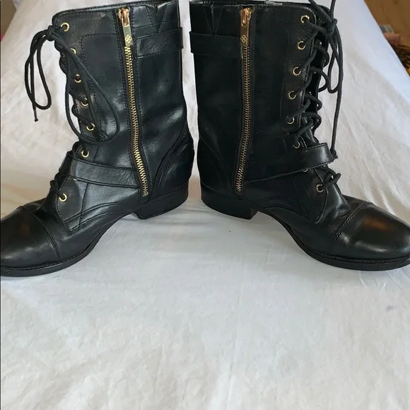 Black with Gold Buckle Arturo Chiang Combat Boots - Picture 2 of 8